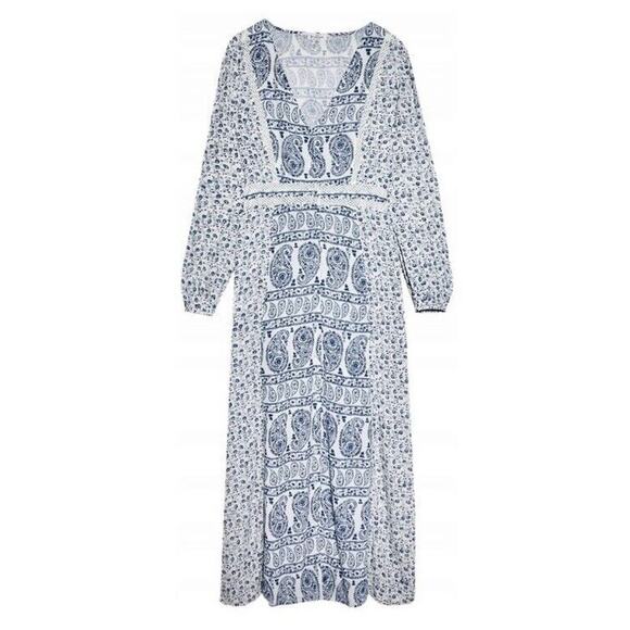 Stradivarius Off White & Blue Floral Paisley Print Long Sleeve V-Neck Maxi Dress - Picture 1 of 16